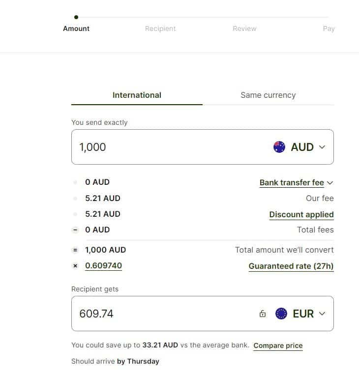 The simple money transfer screen for Wise, showing an AUD$1000 transfer to EUR with an AUD5.21 fee - shows the ease and discounts that make it one of the Best banks in Spain for Expats.