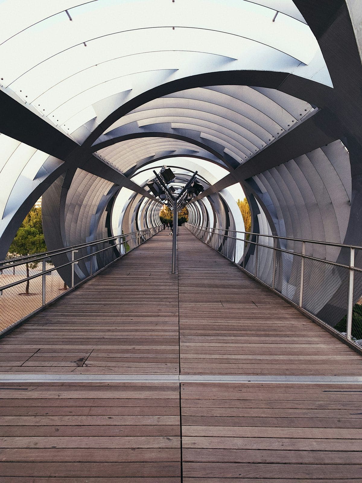 The Perrault pedestrian bridge spanning the Manzanares river in Madrid's Arganzuela district
