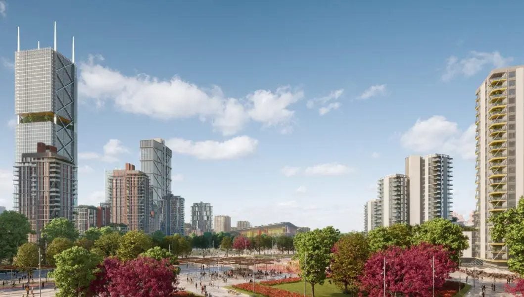 Architectural rendering of Madrid Nuevo Norte showing planned skyscrapers and landscaped public squares