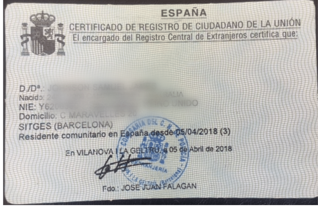 An Example of what the Green Residency Card or NIE after Residency in Spain for EU Citizens is granted.