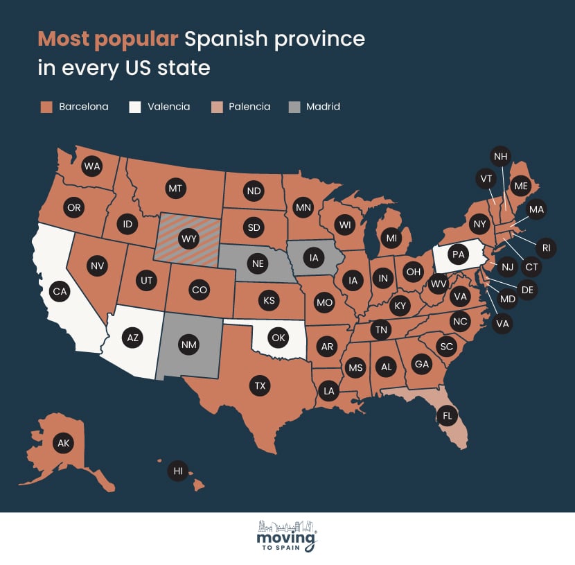 Map of the US showing which Spanish cities are most popular with US Expats moving to Spain.