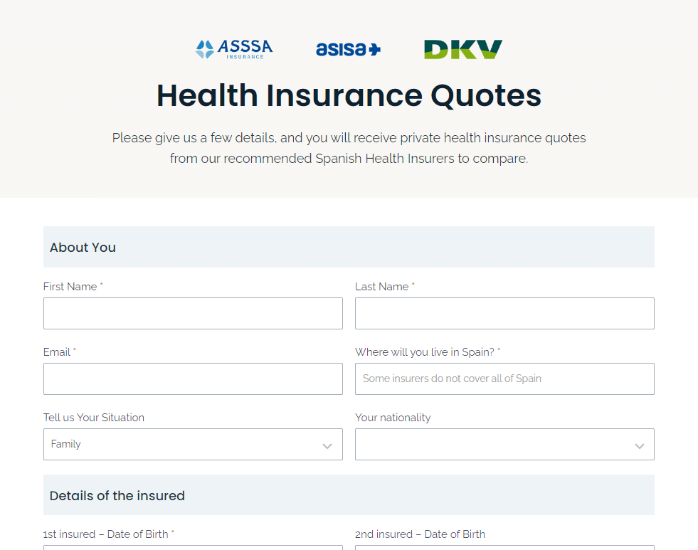 The form that is filled out on our tool to get a quote for Health Insurance in Spain for Over 75.