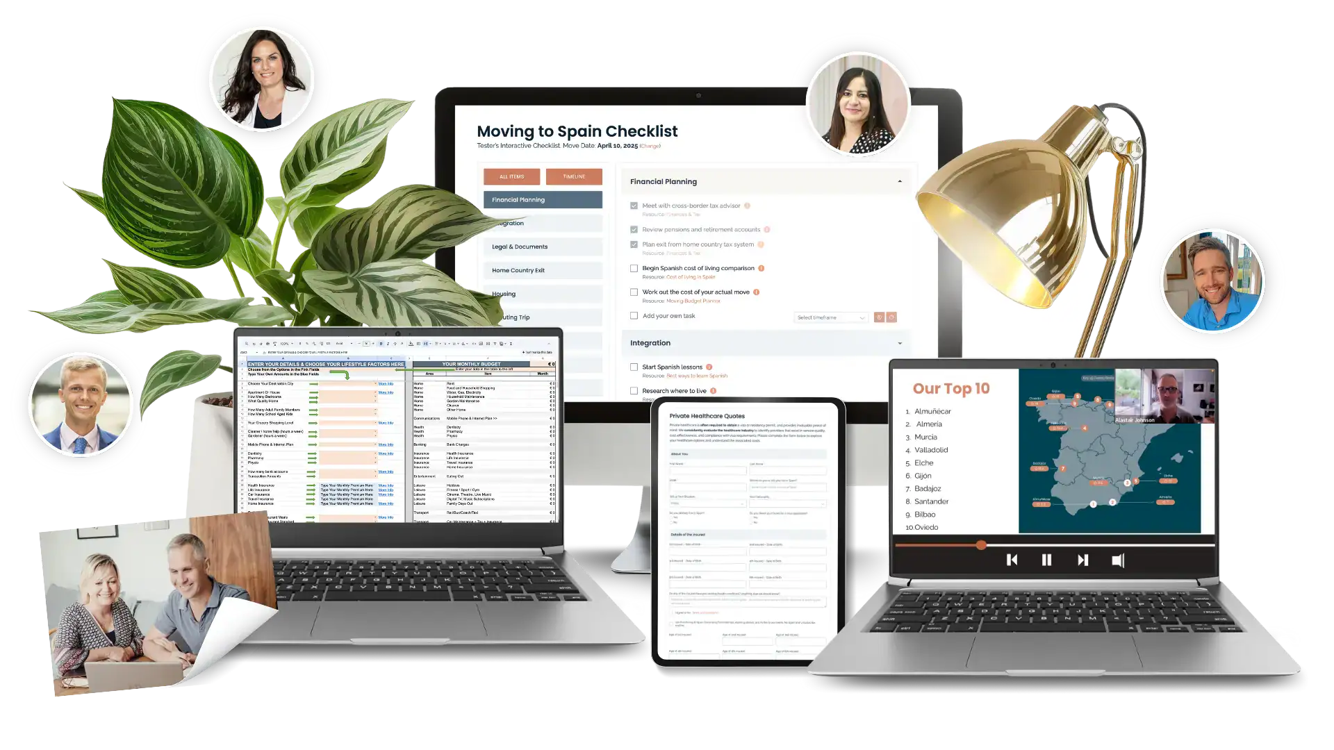 Show Moving to Spain Plan contents Moving to Spain tools and services on a range of technology screens. Checklist, lawyers, research, guides, and the Moving to Spain owners, Alison and Alastair Johnson