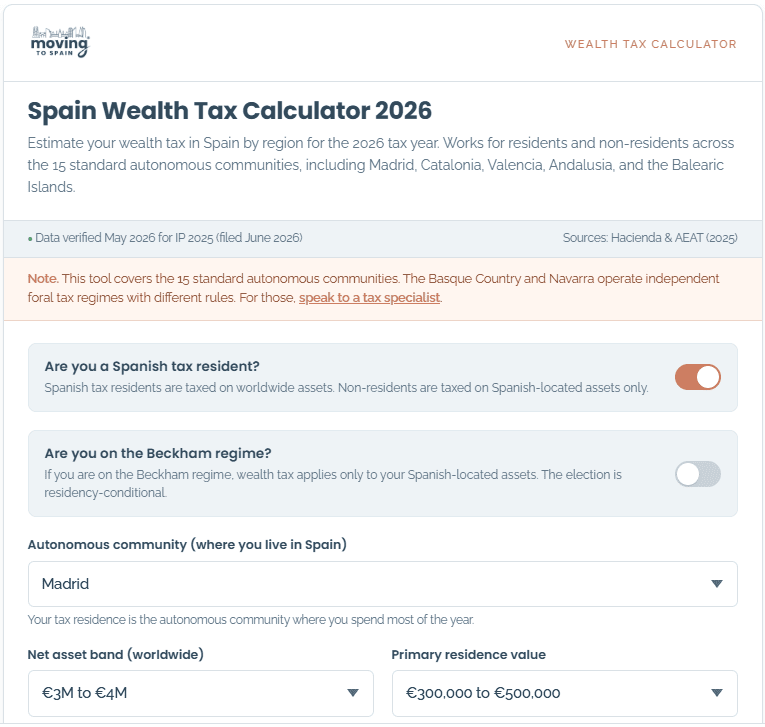 Spain Wealth Tax Calculator 2026